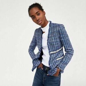Zara Basic beautiful blue tweed blazer with Pearl accents as M